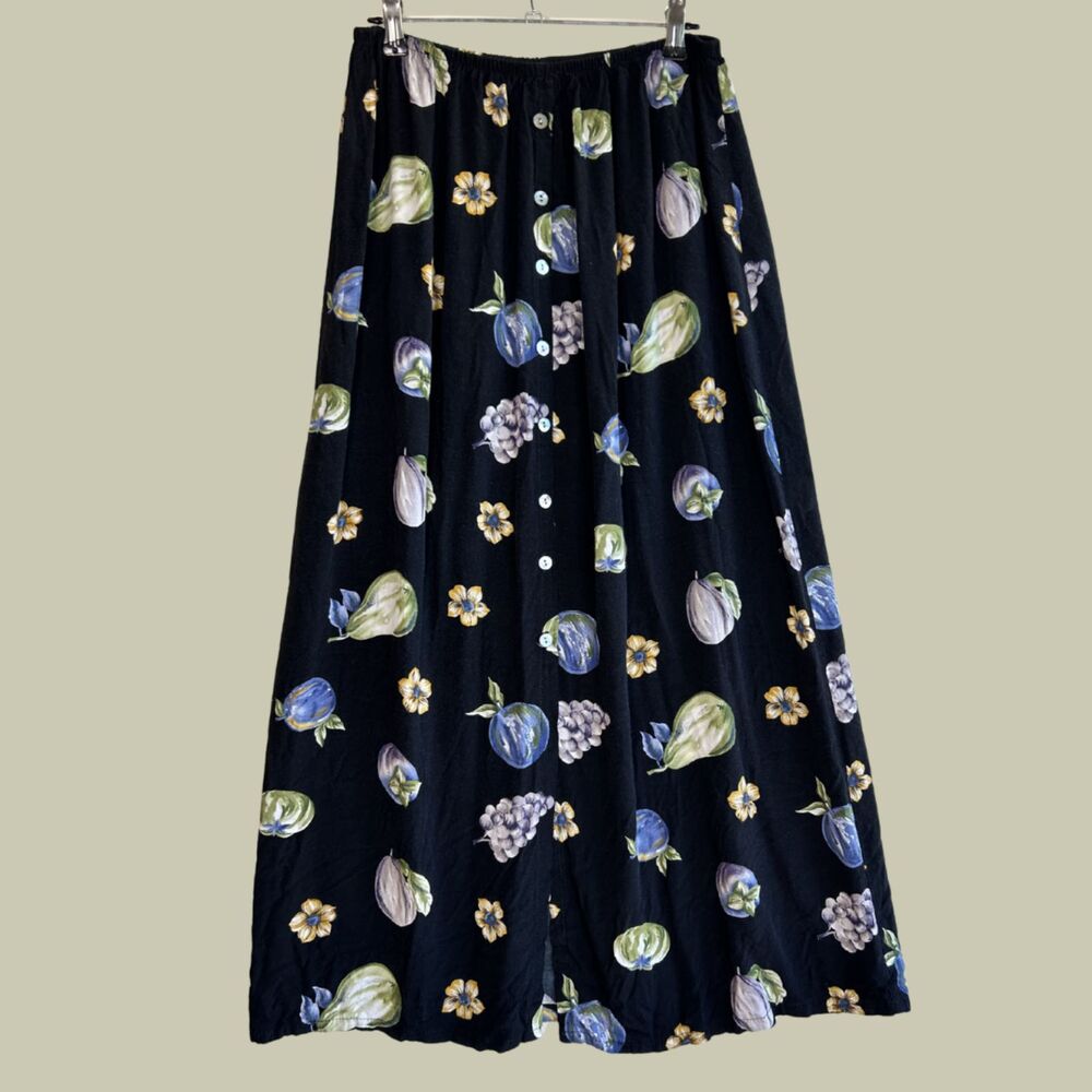 Vintage 90s Clio Fruit/Floral Button Front Maxi Skirt